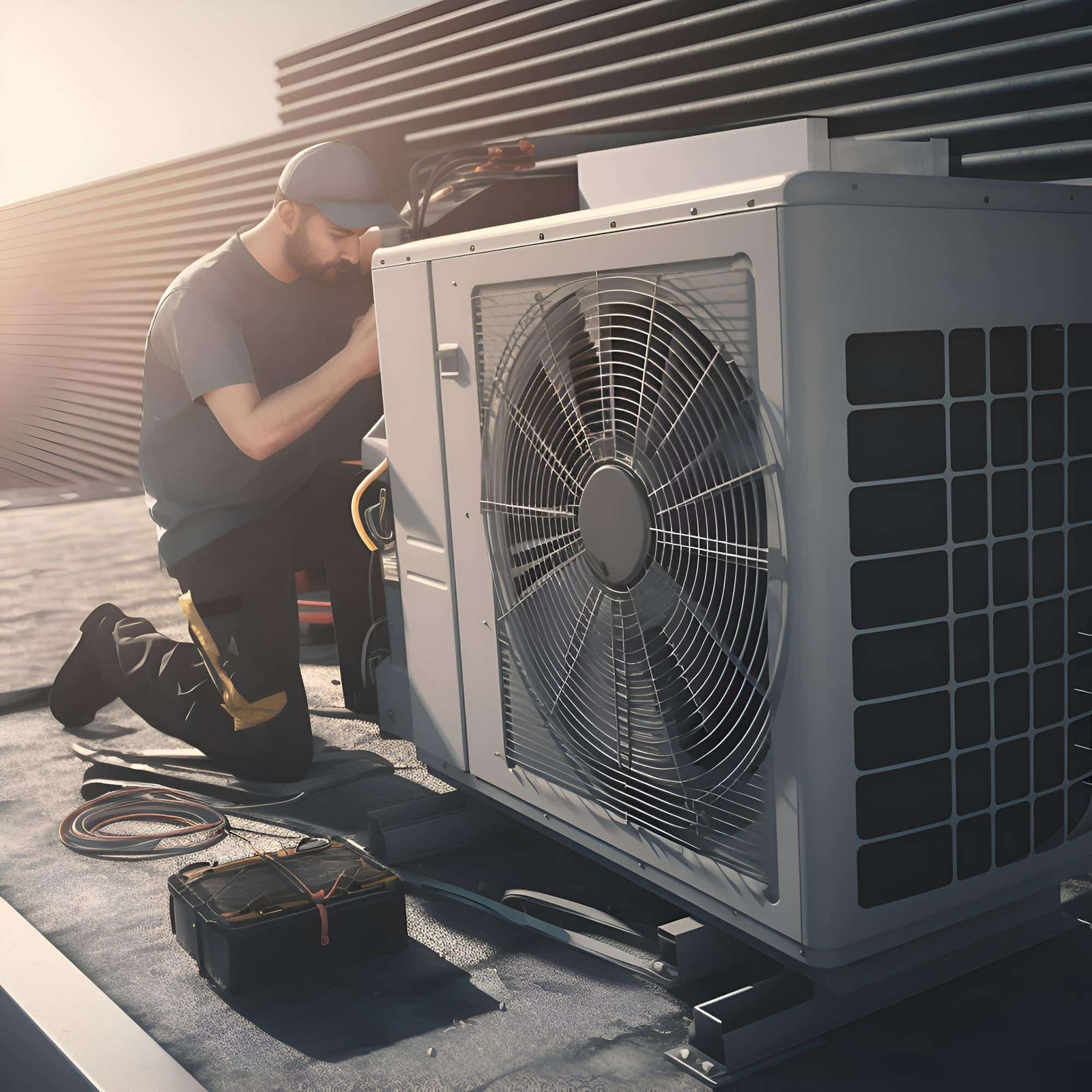 Computer grafica, un operaio che ripara una pompa di calore sul tetto di un edificio