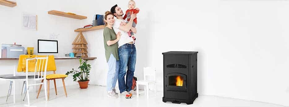 Family standing by Pellete Stove